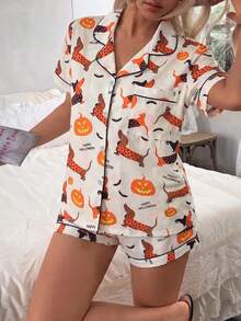 2pcs Set Piyama Wanita Motif dan Anjing Sosis Halloween, Atasan Lengan Pendek Berkerah dan Celana Pendek Berpita, Musim Semi/Panas - Aprikot - View 6
