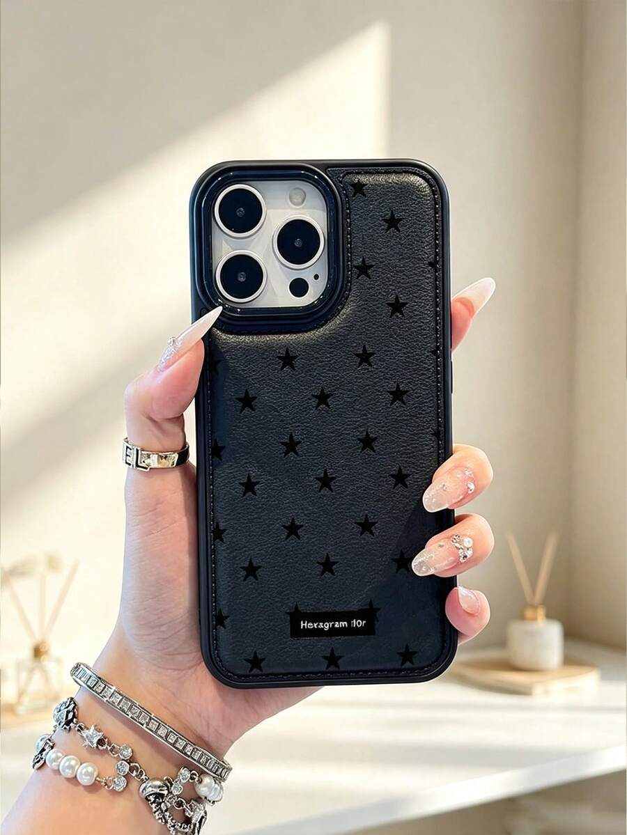 1pc Ins Puffy Leather Texture Star Pattern Shockproof Phone Case, Suitable For 17 16 15 14 13 12 11 Pro Max, Transparent Phone Protective Cover Waterproof Shockproof Scratch-Resistant - Black - View 1