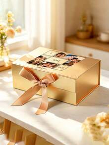 1pc Personalized Photo & Text Gift Box With Lid And Ribbon, Wedding Gift Box, Magnetic Decorative Foldable Proposal Keepsake Storage Box - Multicolor - View 5