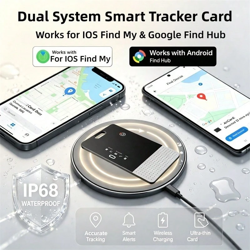 RSH Kartu Pelacak Pintar Sistem Ganda, Kompatibel dengan Apple Find My & Find Hub, Tahan Air IP68, Pengisian Daya Nirkabel, Ultra Tipis, Bluetooth, Tag Pencari Anti-Hilang untuk Dompet, Koper, Paspor