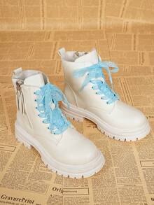 1 Pair New Autumn/Winter Fashion Ankle Boots, Round Toe Colorful Lace-Up Women's Motorcycle Boots For Outdoor Activities, Street Style Versatile Boots, White Women's Ankle Boots That Can Be Paired With Various Outfits - White - View 5