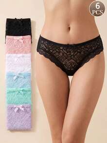 6pcs Women's French Style Full Lace Bow Decor Panties, Multi-Color Breathable Mid-Waist Hip-Hop Style Underwear - Multicolor - View 1