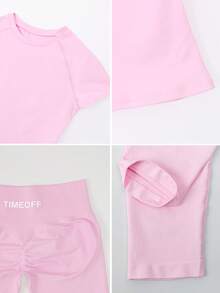 TimeOff Women's One Set Solid Color Seamless Crew Neck Short Sleeve Ribbed Waist Mid-Length Pants Sports Set - Pink - View 6