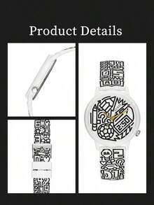GUESS Men's Black Silicone Strap Quartz Watch, Round Graffiti Print Dial Sports Casual Wristwatch, Minimalist Fashion Daily Timepiece - White - View 5