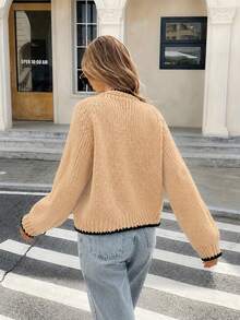 Women's Chic Casual V-Neck Tie-Front Raglan Sleeve Ribbed Contrast Trim Cardigan, Elegant Loose Vacation Daily Commute Outings Sweater, Fall Winter - Apricot - View 5