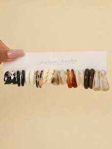 9/10/38 Pairs Vintage Maillard Color Acrylic Hoop Earring Set, Marble Neutral Tone&Asymmetric Surface Texture, Women Accessory - Multicolor - View 7