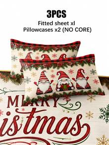 3PCS Winter Christmas Gnome Theme Atmosphere Bedding Set, (1PC Fitted Sheet + 2pcs Pillowcases, No Pillow Inserts,) Polyester Digital Print, Cartoon Gnome Christmas Pattern, Cartoon Cozy Christmas Non-Slip Bedding Set, Machine Washable, Bedroom Holiday Home Textile - Multi-color 1 - View 9