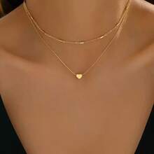 2pcs/Set Fashion Double Layer Heart Pendant Necklace, Minimalist Gold Heart Necklace, Adjustable Size, Suitable For Women's Daily, Vacation, Work Wear, Exquisite Gift For Girls - Yellow Gold - View 3