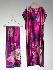 1pc Faux Silk Floral Robe Shawl With Small Scarf Set, Women's Outerwear Decoration For Beach, Sun Protection, Windproof, Sunscreen, Daily Wear - Multicolor - View 3