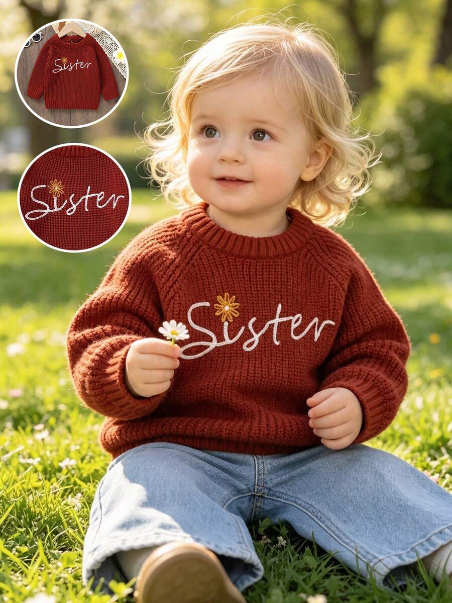 Sweater Rajut Leher Bulat untuk Bayi dan Balita, Atasan dengan Bordir Huruf dan Bunga, Warna Burgundy Vintage, Lengan Raglan, Kancing Belakang, Sweater Bayi Musim Semi dan Gugur - Burgundy - View 1