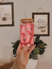 Pink Magic Little Ghost Iced Americano Coffee Glass Straw Cup, Matcha Latte Glass Cup, Halloween Element Design - Dual-Use Cup For Home Decor And Gift - Multicolor - View 4
