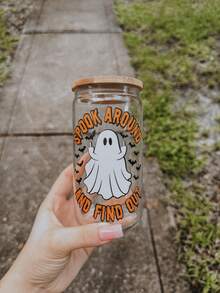 Pink Magic Little Ghost Iced Americano Coffee Glass Straw Cup, Matcha Latte Glass Cup, Halloween Element Design - Dual-Use Cup For Home Decor And Gift - Multicolor - View 7