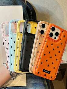 1pc Ins Puffy Leather Texture Star Pattern Shockproof Phone Case, Suitable For 17 16 15 14 13 12 11 Pro Max, Transparent Phone Protective Cover Waterproof Shockproof Scratch-Resistant - Black - View 5