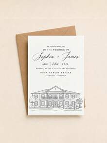 1pc Customized Venue Line Art Wedding Invitations, Personalized Wedding House Sketch Greeting Cards, Customized Text Wedding Venue Illustration Greeting Cards. - Multicolor - View 9