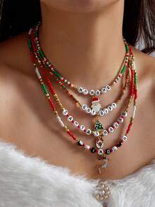 Christmas Colorful Rice Bead String Necklace Fashionable Santa Claus Christmas Tree Bell Multi-Layered Layered Necklace Set - Multicolor - View 2