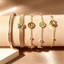 1 Set Bohemian Full Rhinestone Women's Bracelet H Letter Heart Clover Bracelet Set, 304 Stainless Steel Material, 18k Gold Plated, Daily Party Layering Accessory - Multicolor - View 12