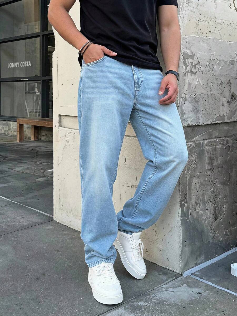 DAZY 男士Y2K直筒水洗休闲牛仔裤,简约黑色牛仔裤 - 淺色水洗藍 - 查看 1