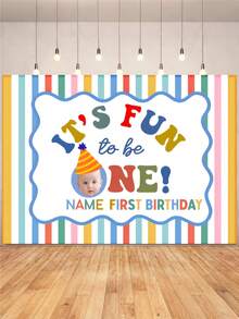 Customizable Name & Photo Colorful Striped Background First Birthday! Happy Birthday Backdrop Suitable For Bath, Birthday Party, Gift, Indoor/Outdoor Wall Decor Photography Banner Vinyl, Step And Repeat - Multicolor - View 2