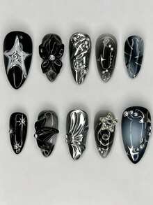 2000s Gothic Style Black Embossed Nails, 10pcs 3D Silver Star & Swirl Fake Nails, Reusable DIY Manicure, Suitable For Punk Style - 黑色 - 查看 2