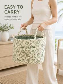 Quilted Fabric Storage Basket/Laundry Hamper With Handles And Side Pockets; Foldable Organizer Bin Featuring A Boho Floral Print; Suitable For Home, Picnic, And Office Use, As Well As Organizing Living Rooms, Bedrooms, Bathrooms, And Closets. - Multicolor - View 5
