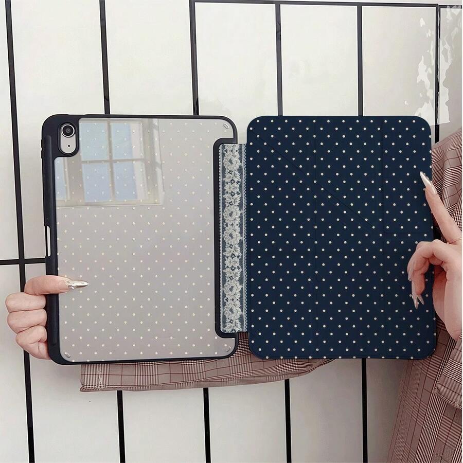 波點蕾絲 Y 型折疊平板保護殼，附筆槽，相容 iPad 10 代 Smart Case/11(A16 2025)/相容 Galaxy S9/S7/S10+/相容小米/相容華為