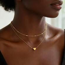 2pcs/Set Fashion Double Layer Heart Pendant Necklace, Minimalist Gold Heart Necklace, Adjustable Size, Suitable For Women's Daily, Vacation, Work Wear, Exquisite Gift For Girls - Yellow Gold - View 6