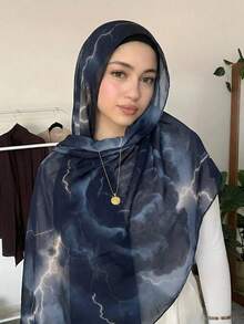 1pc Women's Bohemian Style Watercolor Lightning Floral Print Viscose Hijab Scarf, Casual Soft Windproof Shawl, Suitable For Daily Wear - Blue Lightning - View 2