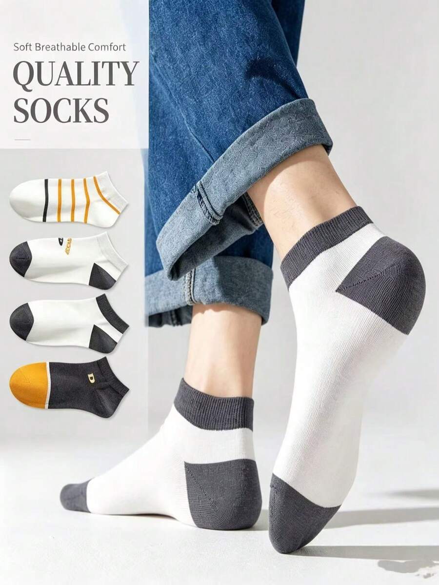 1/5 Pairs Men's Contrast Color Patchwork Letter Embroidery Short Leg Warmers, Breathable, Sweat-Absorbent, Durable, Low-Cut Leg Warmers, Casual Sports Commute Student All-Season Versatile Multi-Color Combination Men's Leg Warmers Set - Multicolor - View 1