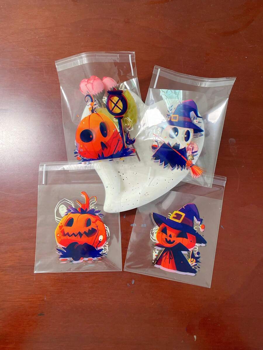 100入可愛南瓜圖案小禮品包裝袋 透明萬聖節禮品裝飾OPP袋 自黏密封袋 適用節日派對促銷活動送禮 - J-多色 - 查看 1