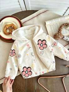 Baby Girl Floral Print Warm Hooded Jacket - White - View 1