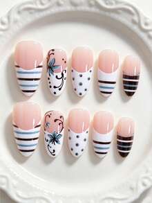 10 Peças Unhas Postiças Formato Amêndoa Design Y2K Clássico Elegante Macaron Colorido Listrado Floral Linha Poá Francês Brilhante Branco Brilhante Unhas Postiças Versáteis da Moda Adequadas para Encontro Festa Primavera Verão Mulheres e Meninas Outono Inverno Uso Diário Conjunto de Unhas Postiças Removíveis com Cola de Gelatina e Lixa de Unha Fácil de Usar e Durável Cola de Gelatina Enviada Aleatoriamente - Multicolorido - Visão 1