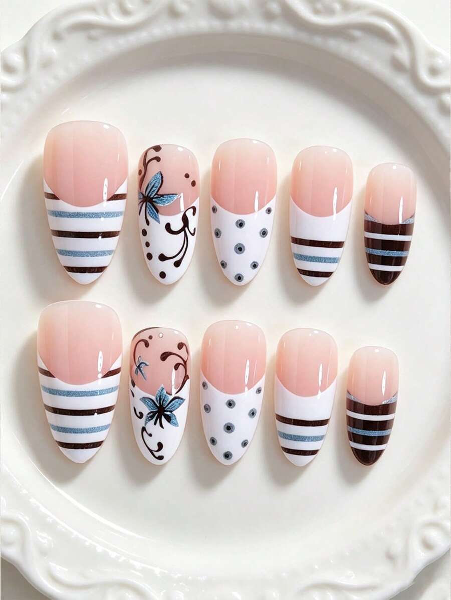 10 Peças Unhas Postiças Formato Amêndoa Design Y2K Clássico Elegante Macaron Colorido Listrado Floral Linha Poá Francês Brilhante Branco Brilhante Unhas Postiças Versáteis da Moda Adequadas para Encontro Festa Primavera Verão Mulheres e Meninas Outono Inverno Uso Diário Conjunto de Unhas Postiças Removíveis com Cola de Gelatina e Lixa de Unha Fácil de Usar e Durável Cola de Gelatina Enviada Aleatoriamente - Multicolorido - Visão 1