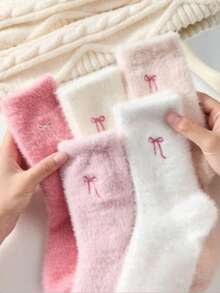 5 Pairs Bow Pattern Plush Over-The-Knee Socks For Women, Warm And Soft, Suitable For Autumn/Winter, Also An Ideal Gift - Bow - View 2