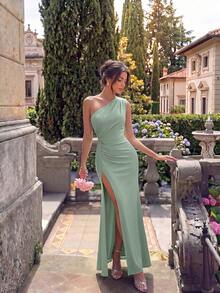 ADYCE Elegant Backless Solid Color Vintage One Shoulder Ruched Waisted High Slit Party Homecoming Bodycon Long Dress Bridesmaid Dress Wedding Dress Fall - Green - View 5