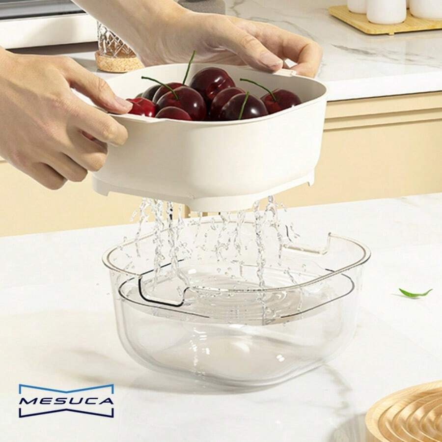 Mesuca 2-In-1 Fruit Washing Basket Kitchen Storage Bowl, Purple Large & White Medium, Double Layer Drainage Design Detachable Strainer Basket Set, 2pcs - Large + Medium - View 1