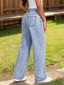 Teen Girls Fashion Rhinestone Loose Wide Leg Denim Jeans - Light Wash - View 5
