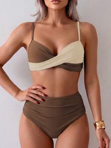 Summer Solid Color Elegant Bohemian Double Strap Sweet Style Two Pieces Bikini Swimsuit Beach Vacation Set - Multicolor - View 4