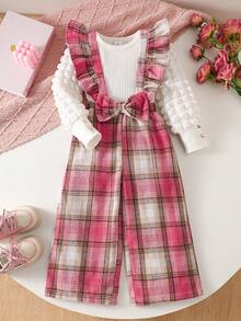 MYVLNA 2pcs/Set Girls White Long Sleeve Top With Pink Plaid Overall Pants, Round Neck, 3D Pleated Sleeves With Button Cuffs, Ruffle Straps And Bow Waist, Wide Leg, Sweet Preppy Style - Multicolor - View 2