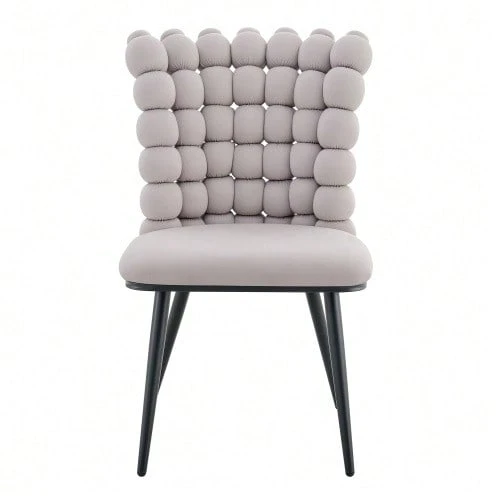 Light Gray Velvet Ball Chain Dining Chairs (Set Of 2) – Black Sprayed Metal Legs + Stable Support, Modern Luxury Style, Suitable For Dining Room, Living Room, And Dressing Areas - Light Grey - View 1