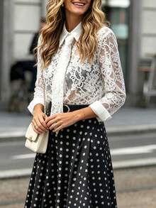 Women's Autumn/Winter Preppy Style Sheer Lace Blouse With Collar And Matching Tie, Contrast Cuff Design, Elegant And Feminine Vacation White - White - View 9