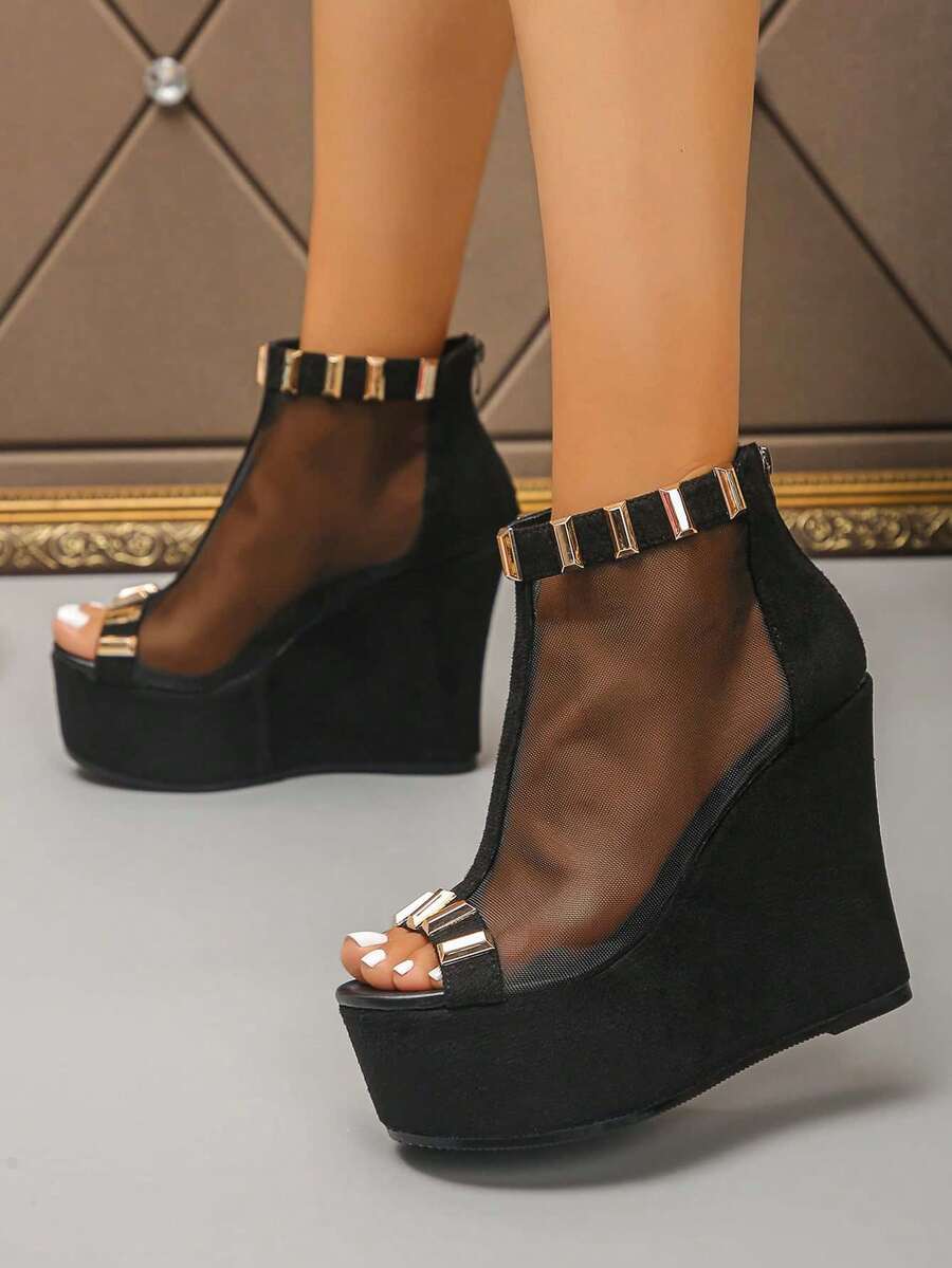 Women's Plus Size Wedge Sandals With Mesh, Metal Decor, Back Zipper, Open Toe, High Top, Punk Style, Summer Black Thick Sole High Heel Wedge Sandals - Black Mesh - Small Metal Bar - View 1