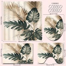 1/4pcs Tropical Monstera Palm Leaf Shower Curtain Set, Vintage Green & Gold Botanical Print Bathroom Curtain, Includes Toilet Lid Cover, Bathroom Mat, 4pcs Complete Home Bathtub Bathroom Decor Set - A - View 14