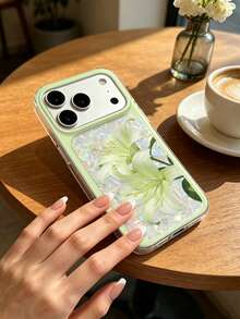 1pc White Lily Floral Print With Shell Texture, Scratch-Resistant Soft Silicone Material, Contrast Color Frame Design, No Accessories, Phone Protective Case Compatible With Apple Models, Fresh And Gentle Floral INS Style - Multicolor - View 4