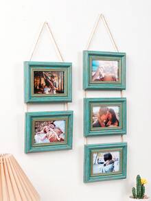 1pc Rustic Distressed Teal Wooden Hanging Collage Photo Frame Set, Rope Chain Connected Multi-Hole Wall Hanging Photo Frame, Vintage Gold Frame, Suitable For Family And Couple Photos, Bedroom Living Room Gallery Wall Home Decor - Green - View 5