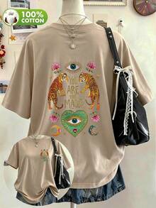 Plus Size Women Tiger Print Short Sleeve T-Shirt, Made Of Breathable Comfortable Fabric, Vintage Loose Fit Design Summer - Apricot - View 7