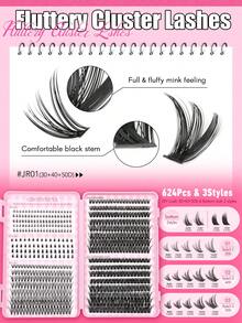 GROINNEYA Large Capacity Eyelash Book 624PCS Fluffy Airy Cluster Eyelashes Volume 5D Individual Lashes 3 Styles DIY Lash Extension,C Curl Wispy False Lash Clusters,Tail Elongated Eyelashes,Suitable For Daily And Party,Date Makeup,High Capacity Lashes - C - View 4