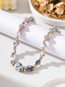 Grey Marbled Acrylic Beaded Necklace - Ink Grey - View 3