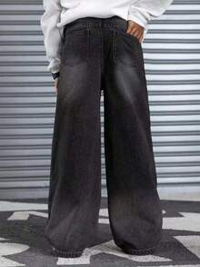 Youth Boy Fashion Stone Washed Casual Wide Leg Loose Black Denim Jeans - Black - View 4