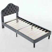 Twin Size Upholstered Platform Bed Frame With Adjustable Headboard, Velvet Single Bed With Wood Slat Support, No Box Spring Needed, Easy Assembly, 90x200cm - 灰色 - 查看 4