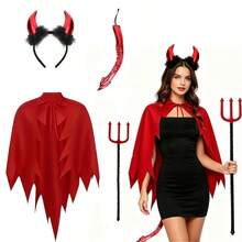 Red Devil 1/2/4 Piece Set, Halloween Female Devil Costume, Red Devil Horn Headband, Red Cape, Decorative Tail, Trident, Adult Role Play Outfit, Suitable For Halloween, Masquerade, Cosplay, Stage Performance, Costume Party And Other Themed Events - Multicolor - View 5